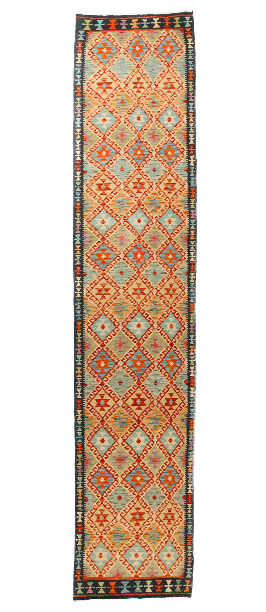 Geometric Pattern Kilim Runner Rug <br> 3'0 x 13'0