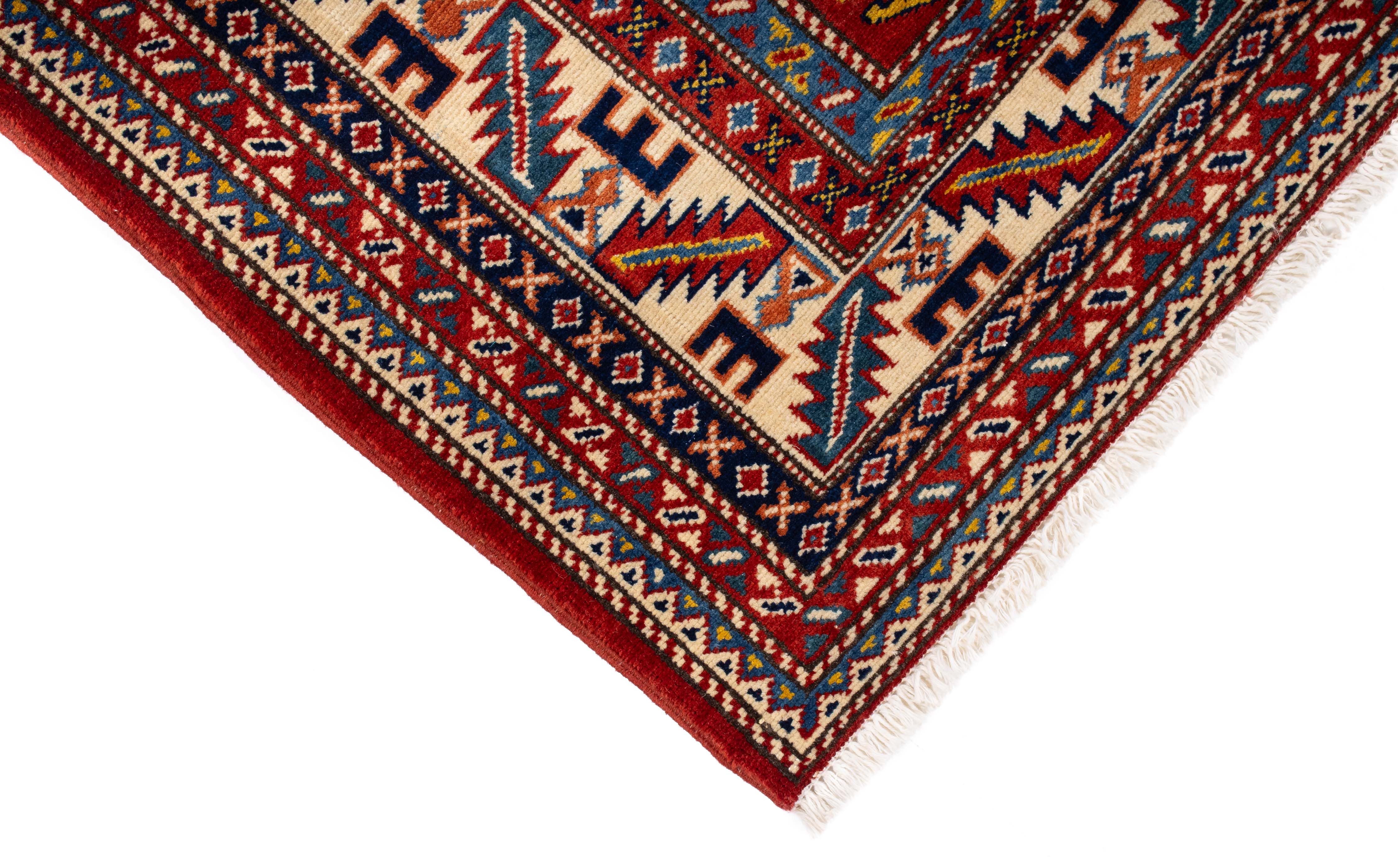 Red Geometric Kazak Area Rug  <br> 5'0 x 6'4