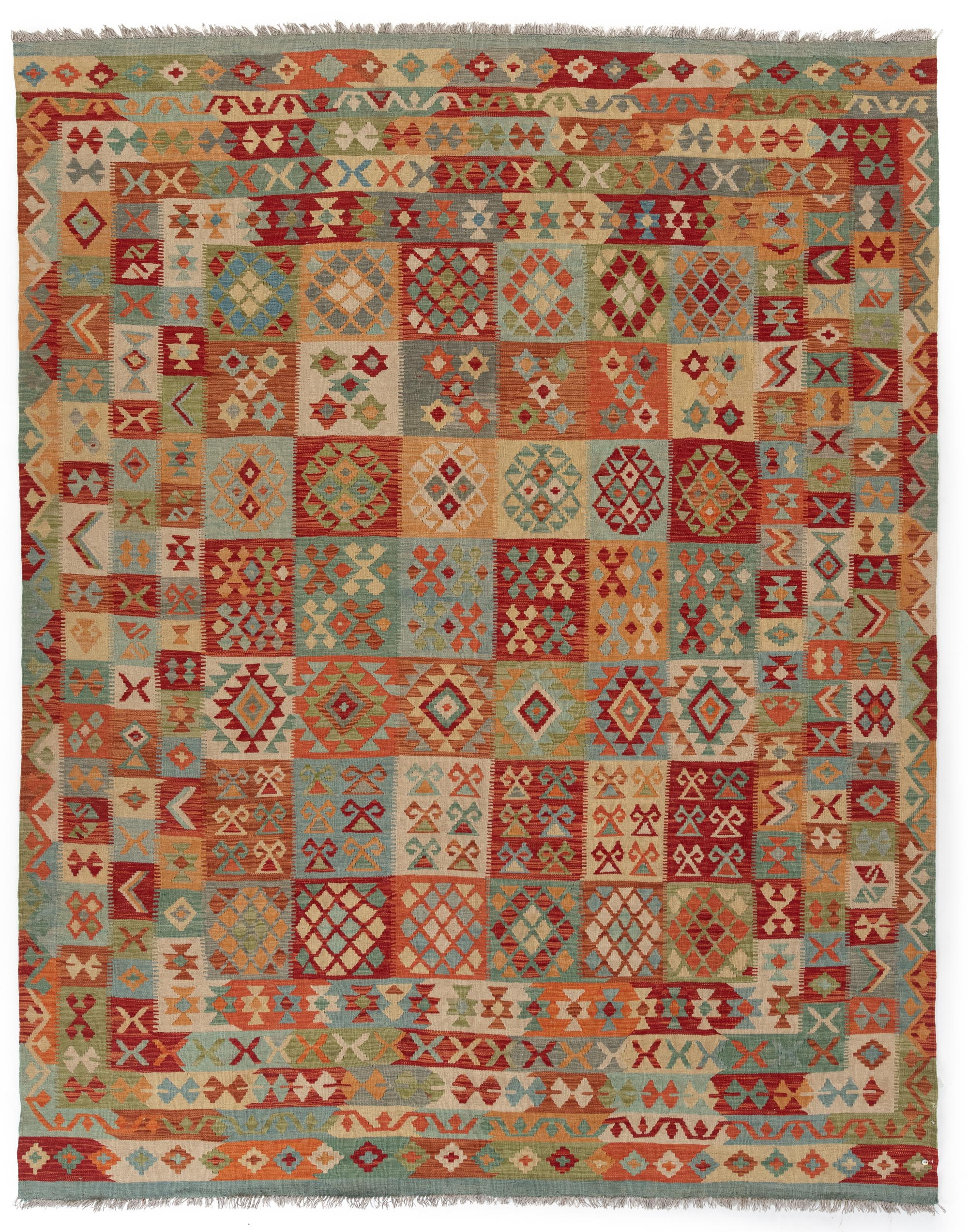 New Pak Kilim Rug with Patchwork, Quilt Design <br> 8'4 x 10'6